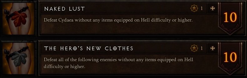Cropped screenshot of the Naked Lust (Defeat Cydaea without any items equipped on Hell difficulty or higher) and The Hero's New Clothes (Defeat all of the following enemies without any items equipped on Hell difficulty or higher) achievements