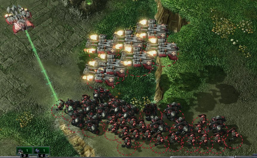 Screenshot of a massed group of Marines, Marauders, and Medivacs; one of the Medivacs is healing a Marine